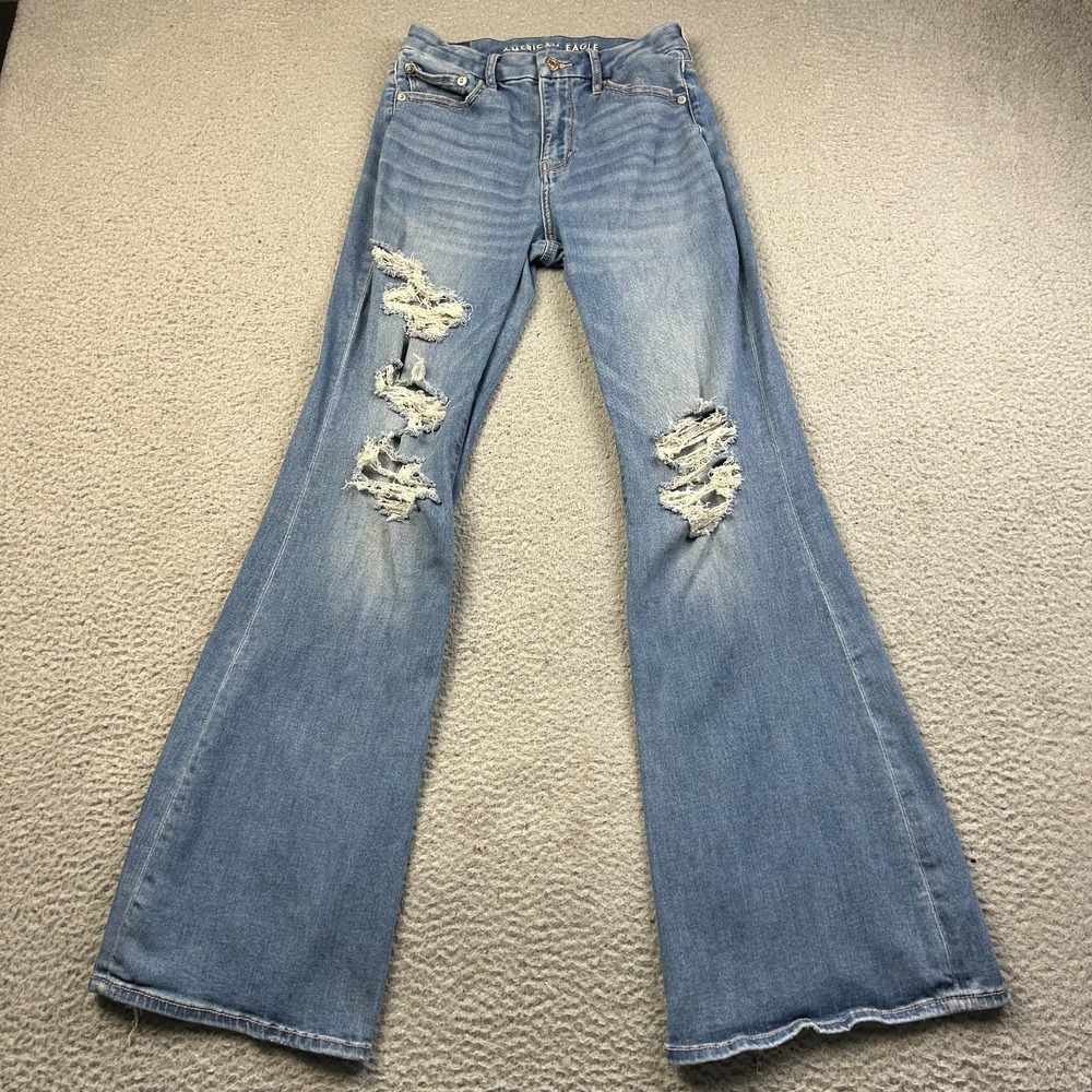 American Eagle Women's 2 Curvy Super High Rise Flare Jeans Distressed Stretch